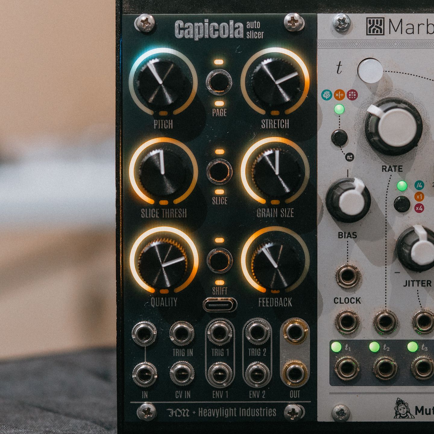 Capicola in a Eurorack case with its labeled controls and glowing amber LED rings