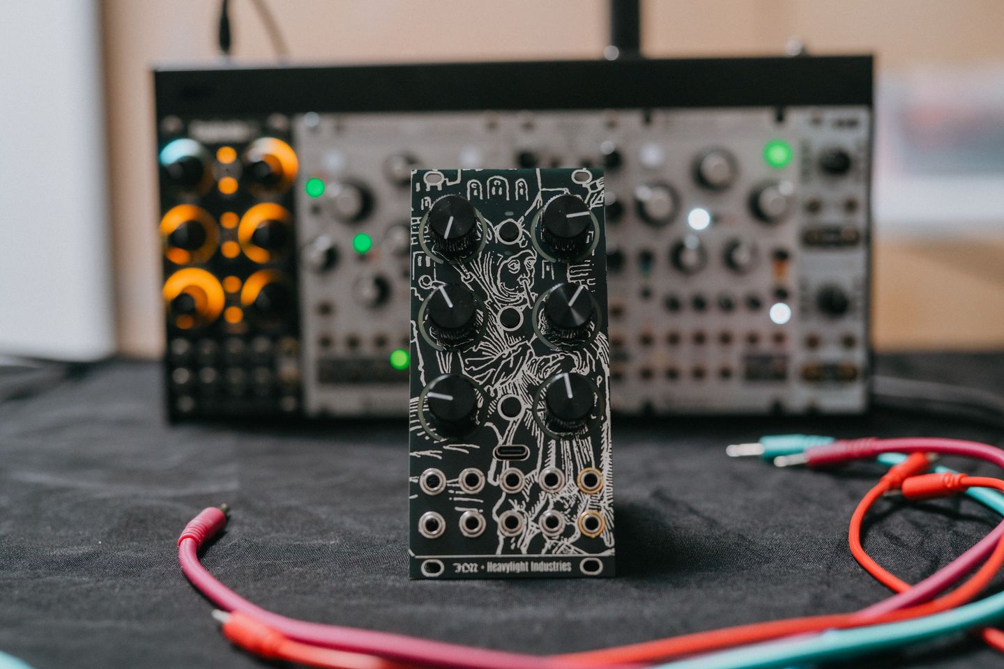 Capicola standing beside patch cables, with a second module in the rack behind it