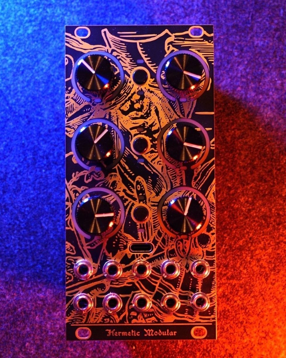 Spagyros Eurorack module from overhead, powered on