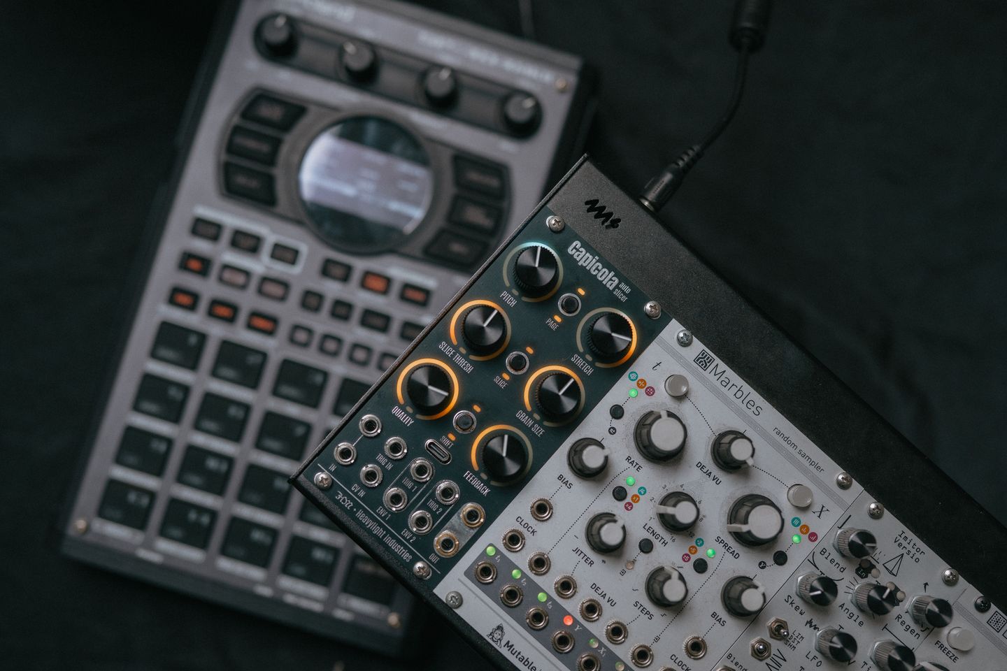 Capicola in a Eurorack case beside a sampler