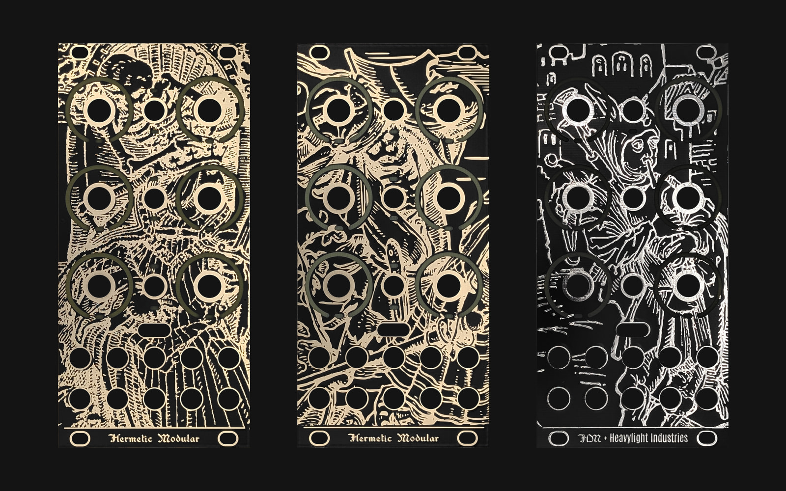 Illustrated reverse sides of the Echoa and Spagyros panels in gold on black, beside Capicola's silver-on-black illustration