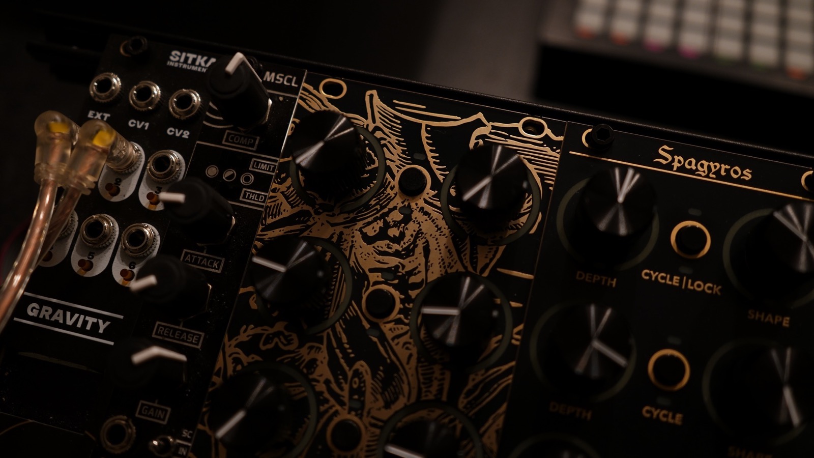 Spagyros racked in a Eurorack system beside third-party modules, showing its engraved gold faceplate